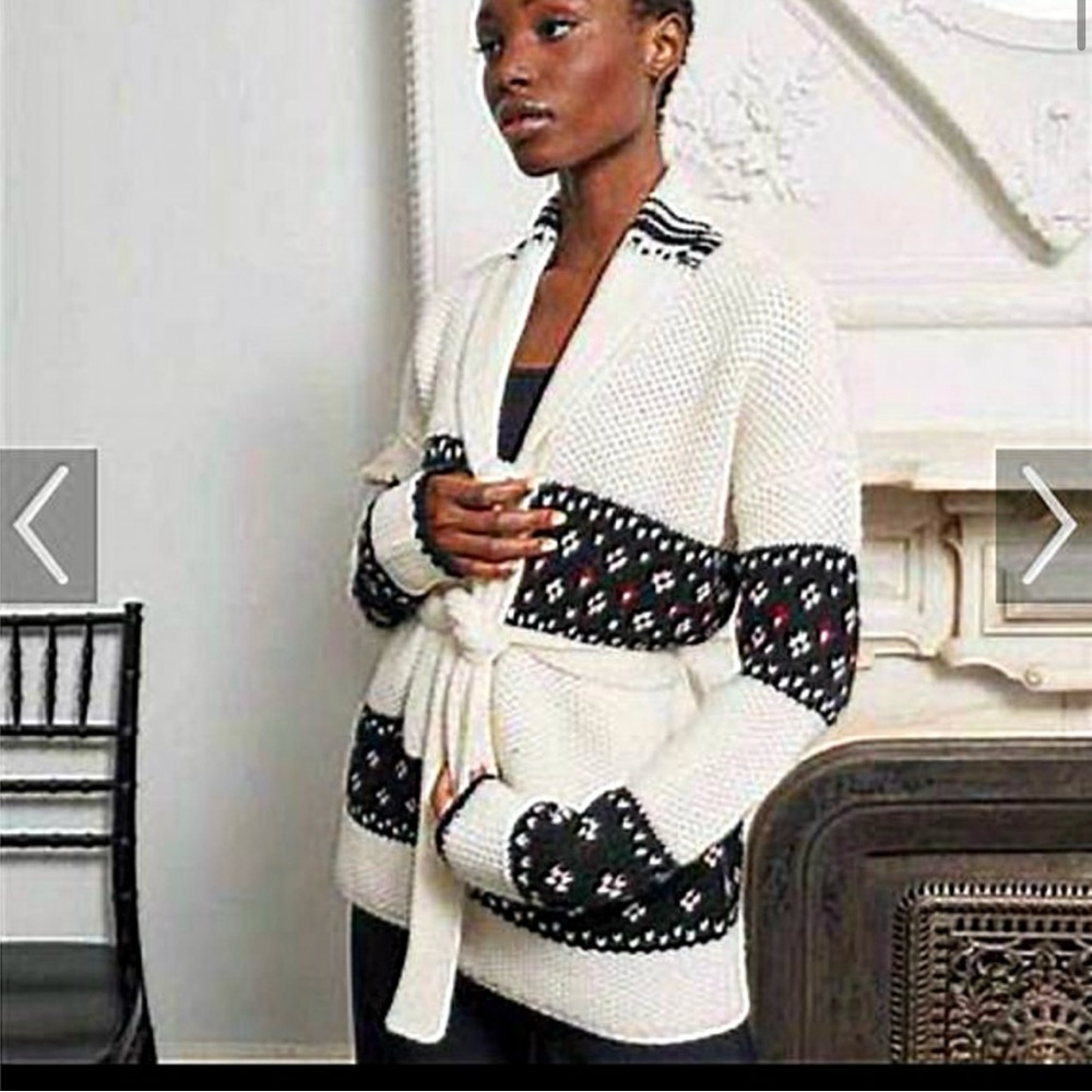 La Ligne Marilyn Cardigan‎ Sweater cream Black Fair Isle Sweater size Large